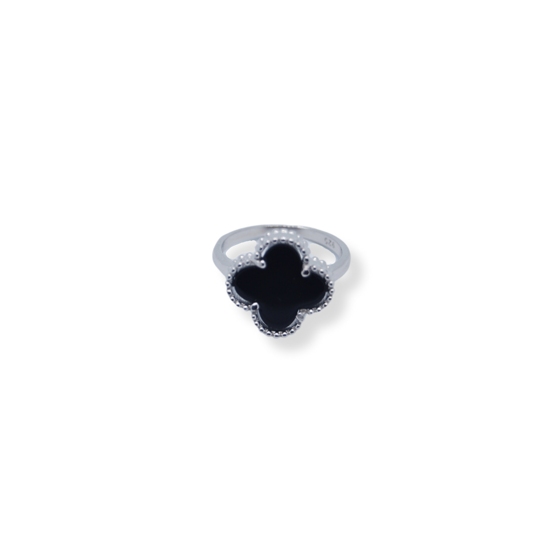 Silver black clover ring