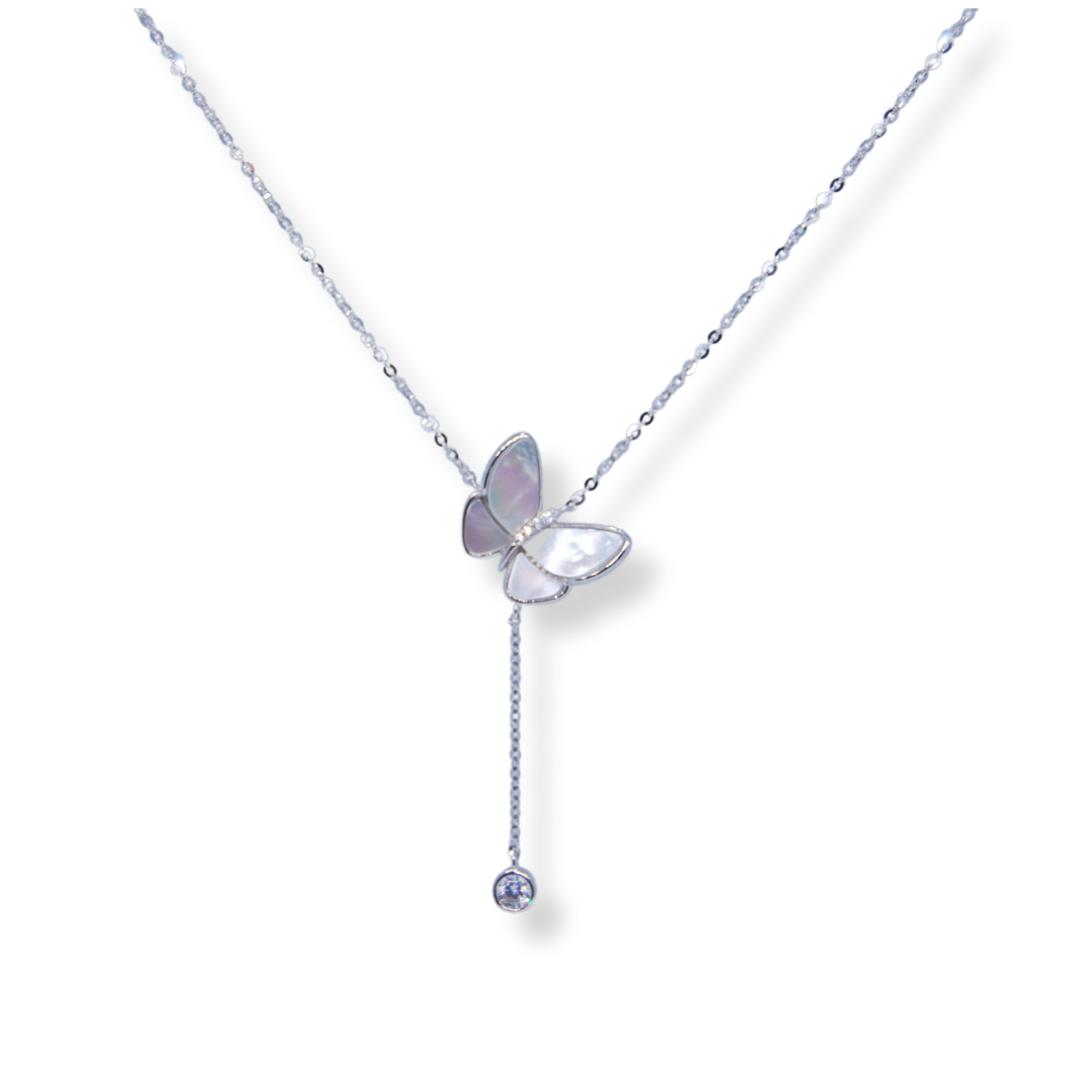 Silver opal butterfly pendant necklace