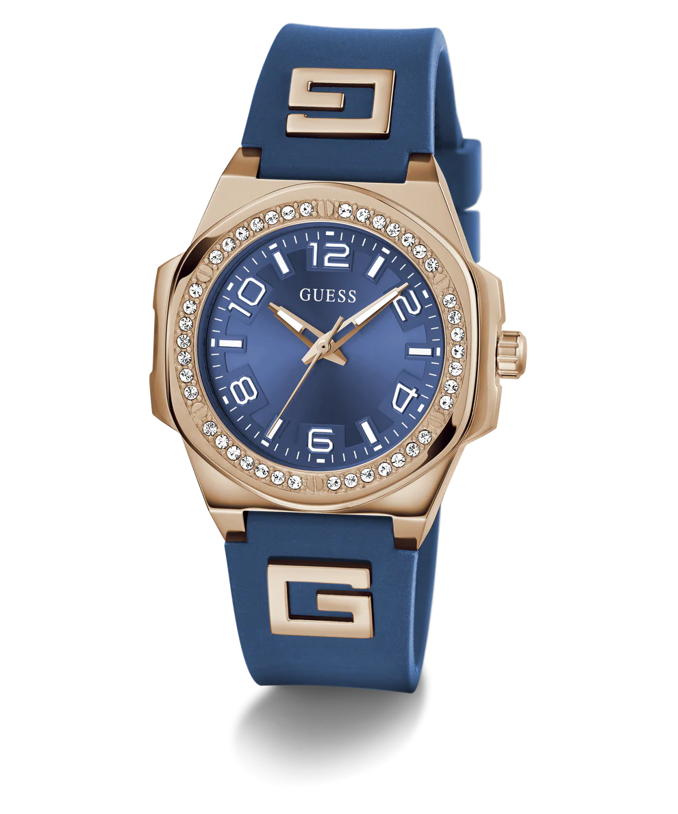GUESS Ladies Blue Rose Gold Tone Watch GW0617L3