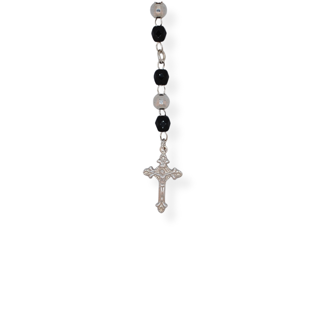 Silver black rosary cross necklace