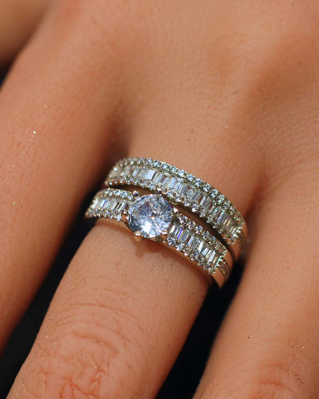 Silver cz baguette twinset ring