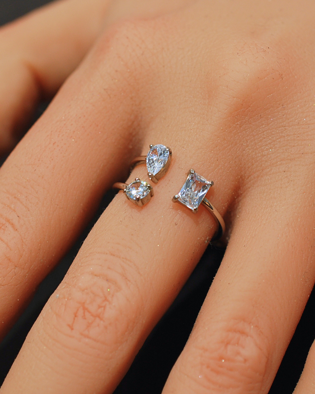 Silver  emerald round teardrop cut cz ring