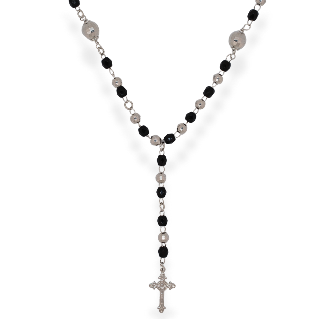 Silver black rosary cross necklace