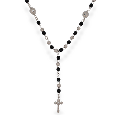 Silver black rosary cross necklace