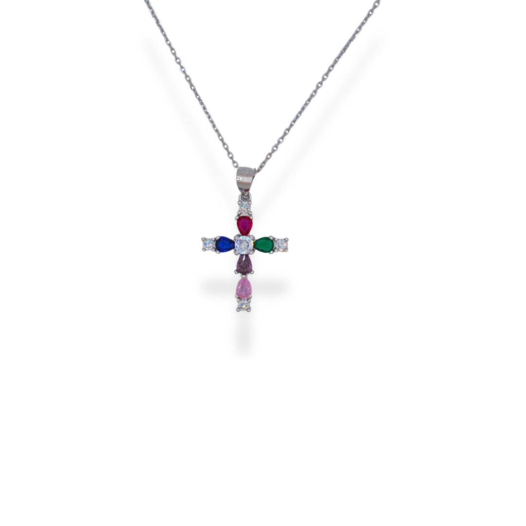 Silver colourful cz cross necklace