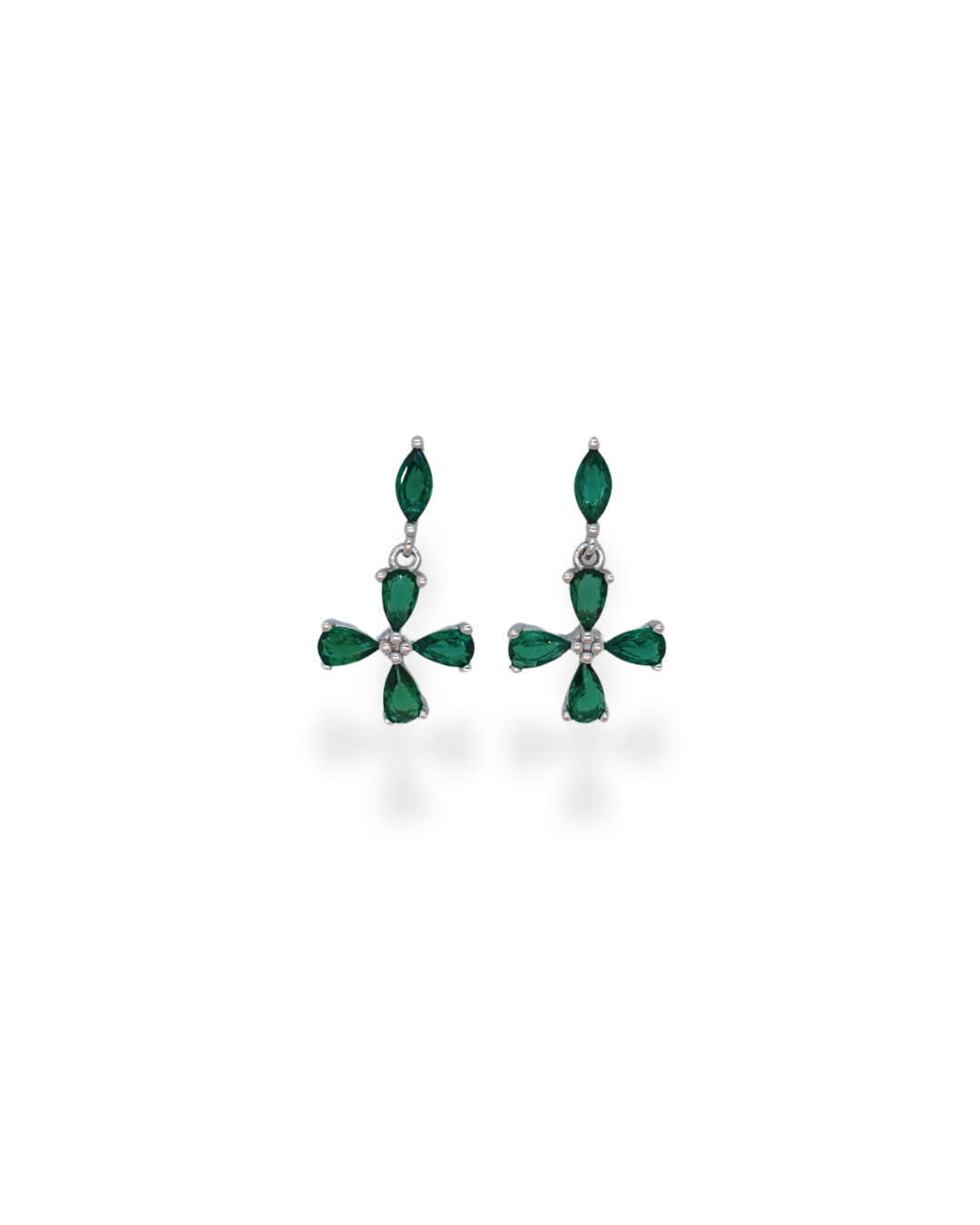 Silver green flower cz earrings